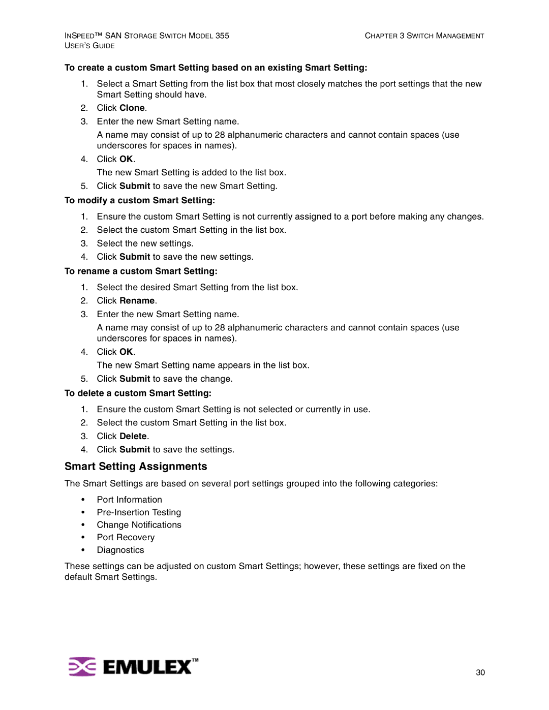 Emulex 355 manual Smart Setting Assignments, To modify a custom Smart Setting, To rename a custom Smart Setting 