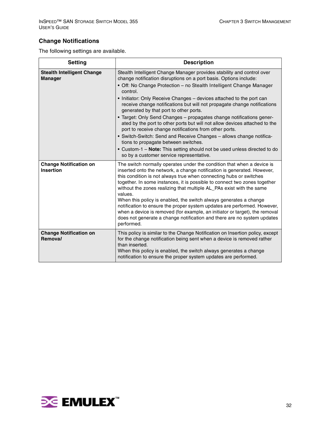 Emulex 355 manual Change Notifications, Stealth Intelligent Change, Manager, Change Notification on, Removal 