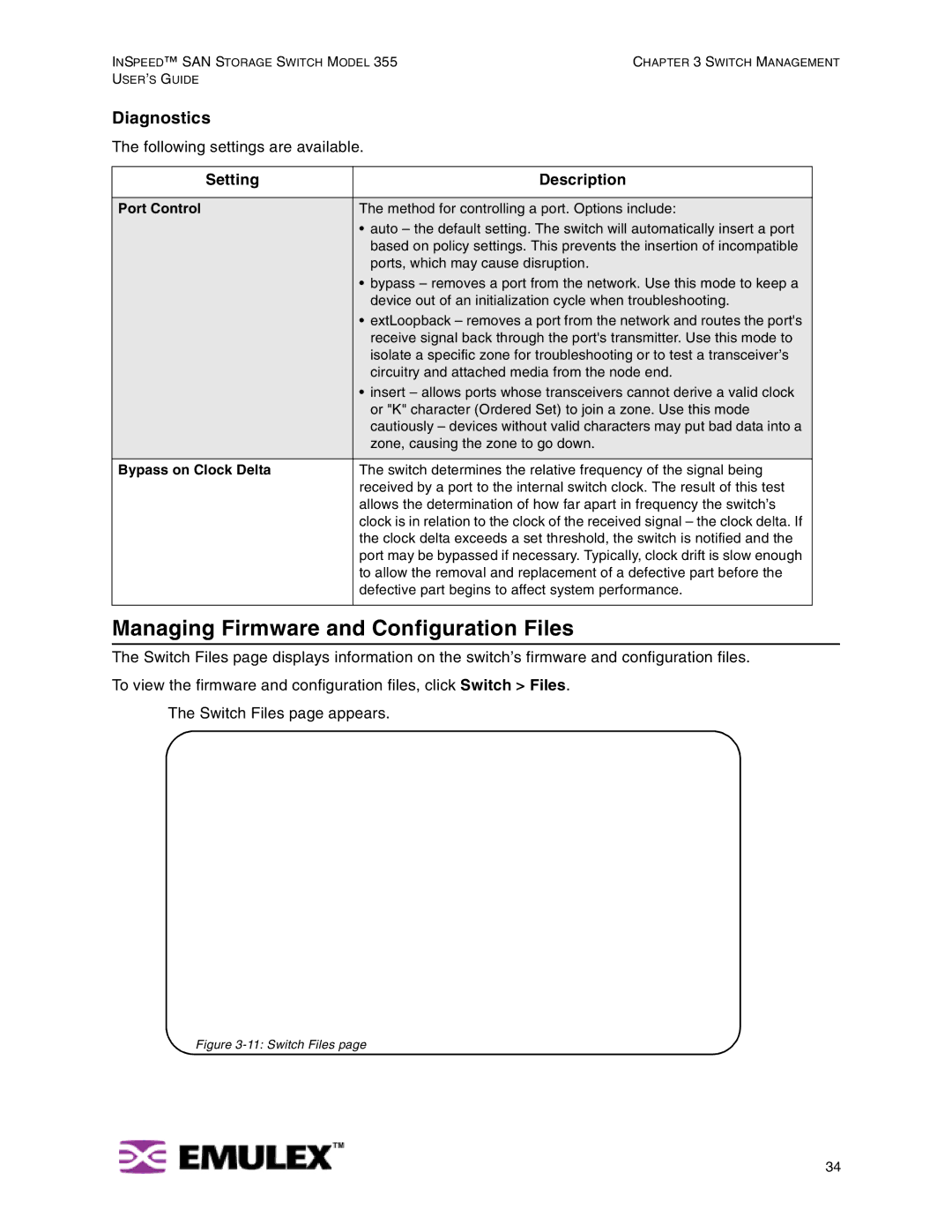 Emulex 355 manual Managing Firmware and Configuration Files, Diagnostics, Port Control, Bypass on Clock Delta 