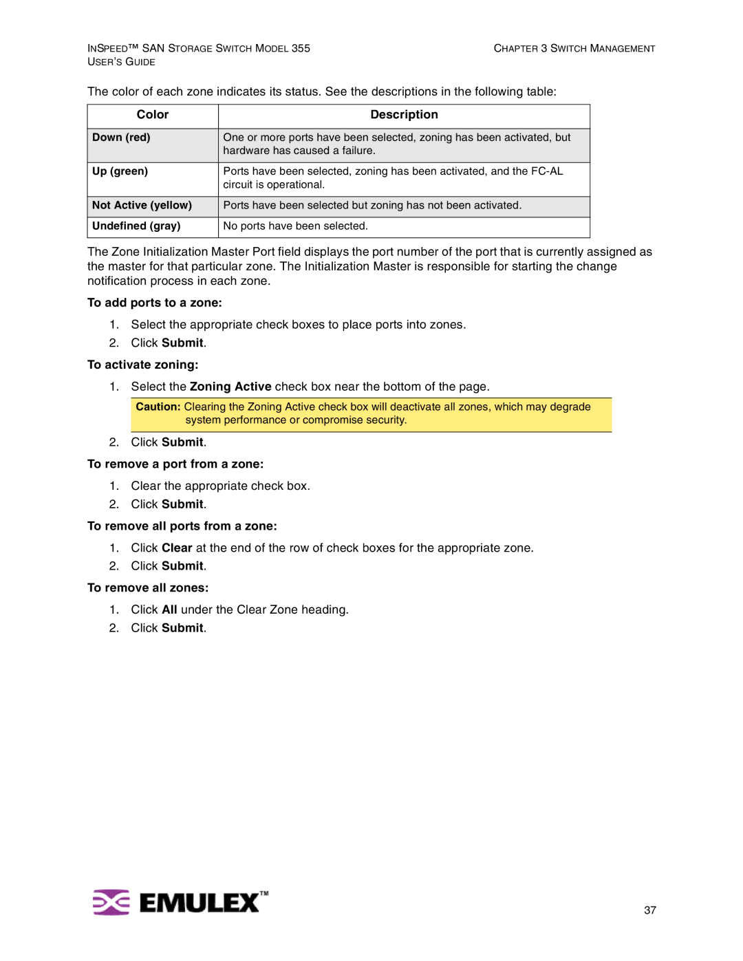 Emulex 355 manual Color Description, To add ports to a zone, To activate zoning, To remove a port from a zone 