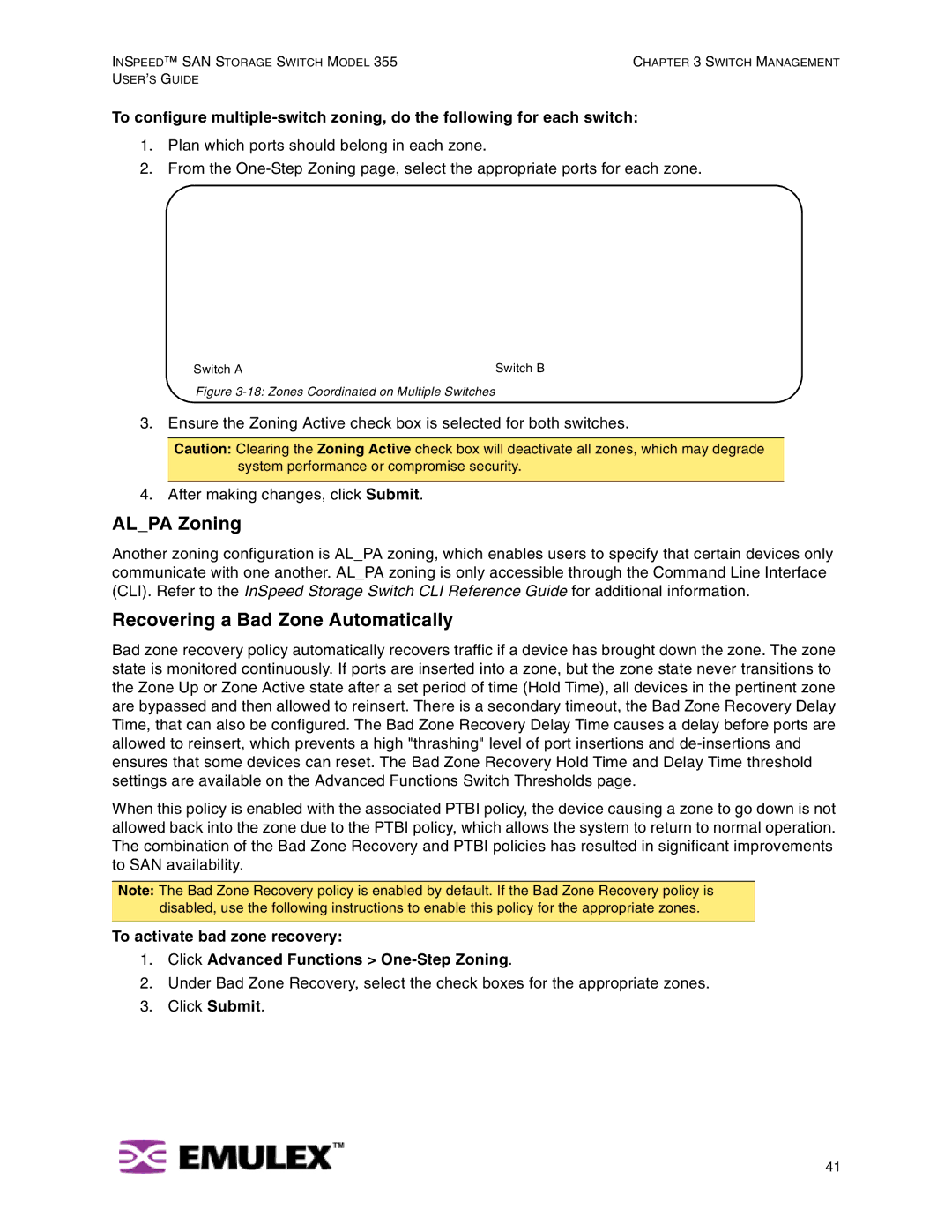 Emulex 355 manual Alpa Zoning, Recovering a Bad Zone Automatically 