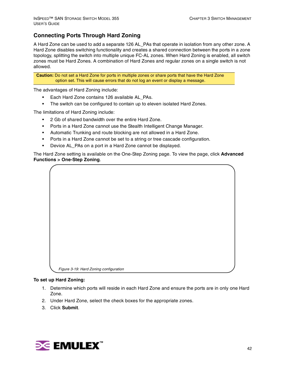 Emulex 355 manual Connecting Ports Through Hard Zoning, To set up Hard Zoning 