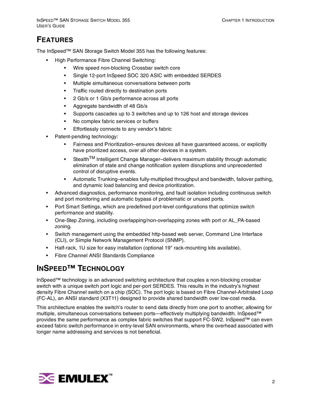 Emulex 355 manual Features, Inspeed Technology 