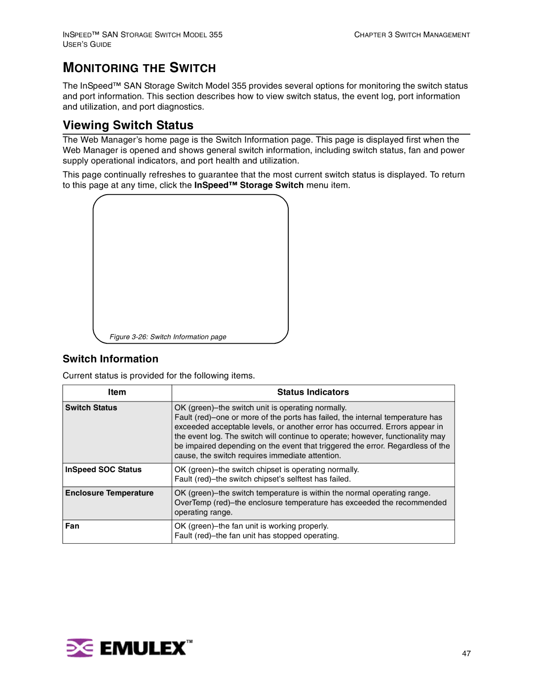 Emulex 355 manual Viewing Switch Status, Monitoring the Switch, Switch Information, Status Indicators 