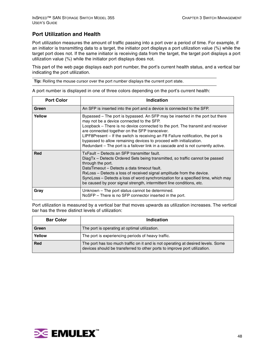 Emulex 355 manual Port Utilization and Health, Port Color Indication, Bar Color Indication 