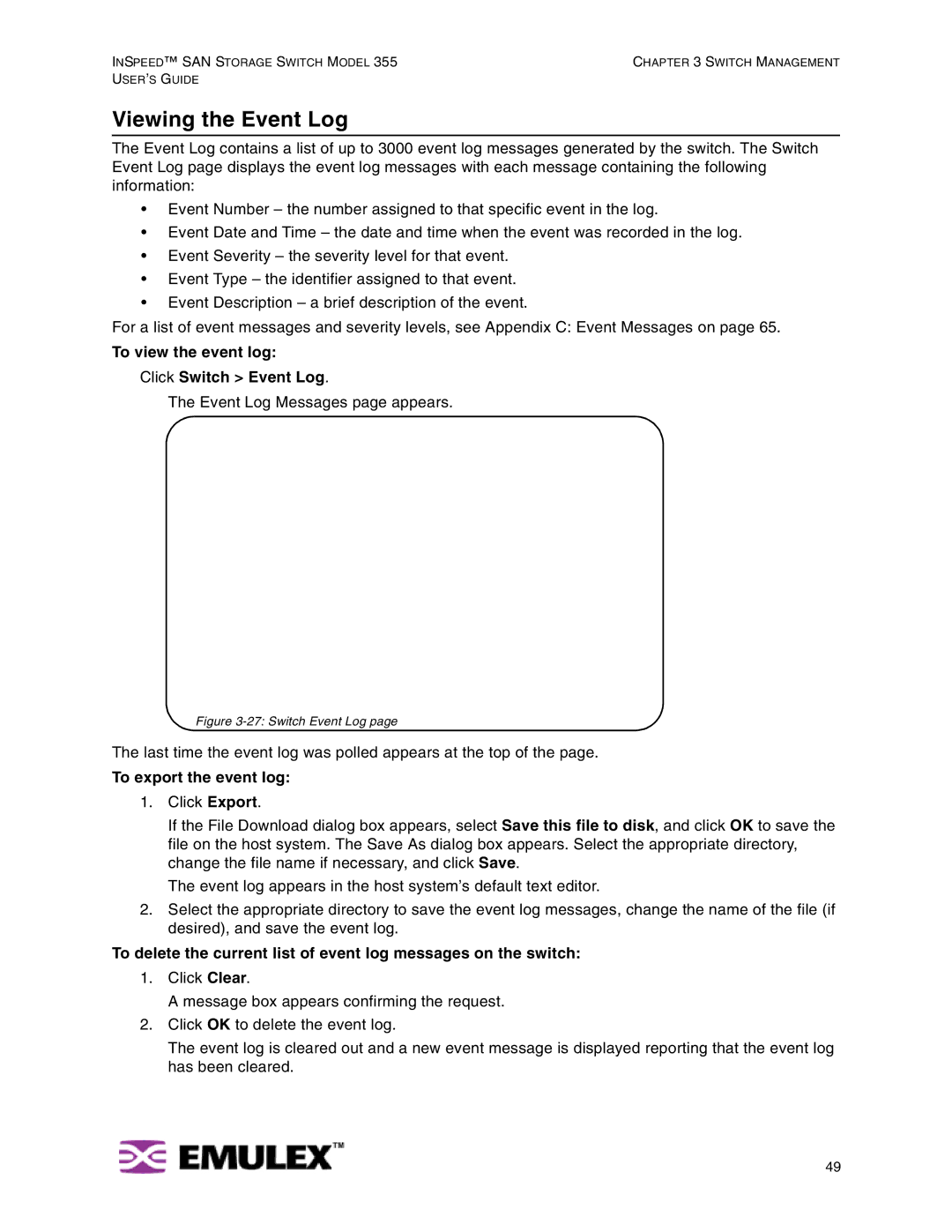 Emulex 355 manual Viewing the Event Log, To view the event log Click Switch Event Log, To export the event log 