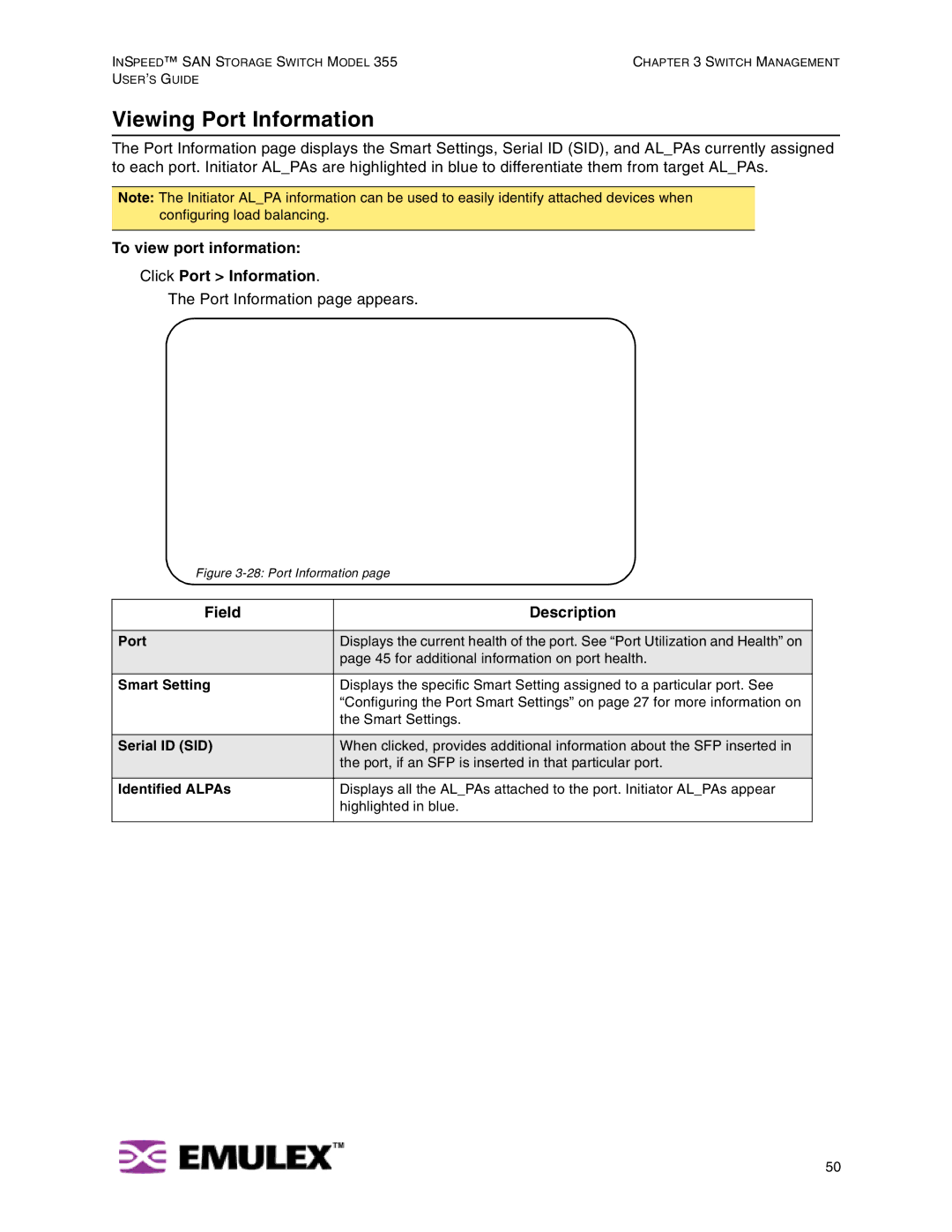 Emulex 355 manual Viewing Port Information, To view port information Click Port Information, Field Description 