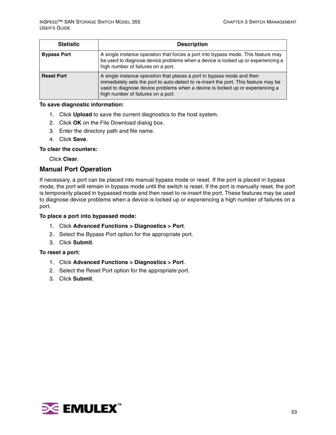 Emulex 355 manual Manual Port Operation, To save diagnostic information, To clear the counters 