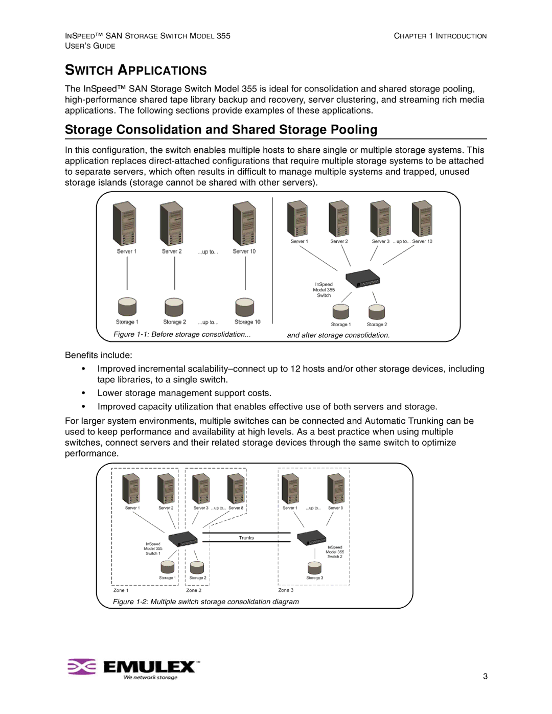 Emulex 355 manual Storage Consolidation and Shared Storage Pooling, Switch Applications 