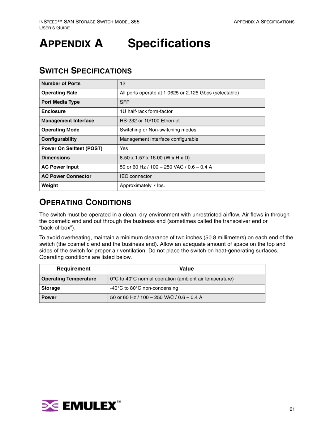 Emulex 355 manual Switch Specifications, Operating Conditions, Requirement Value 