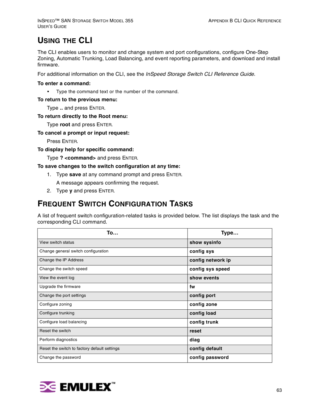 Emulex 355 manual Using the CLI, Frequent Switch Configuration Tasks 