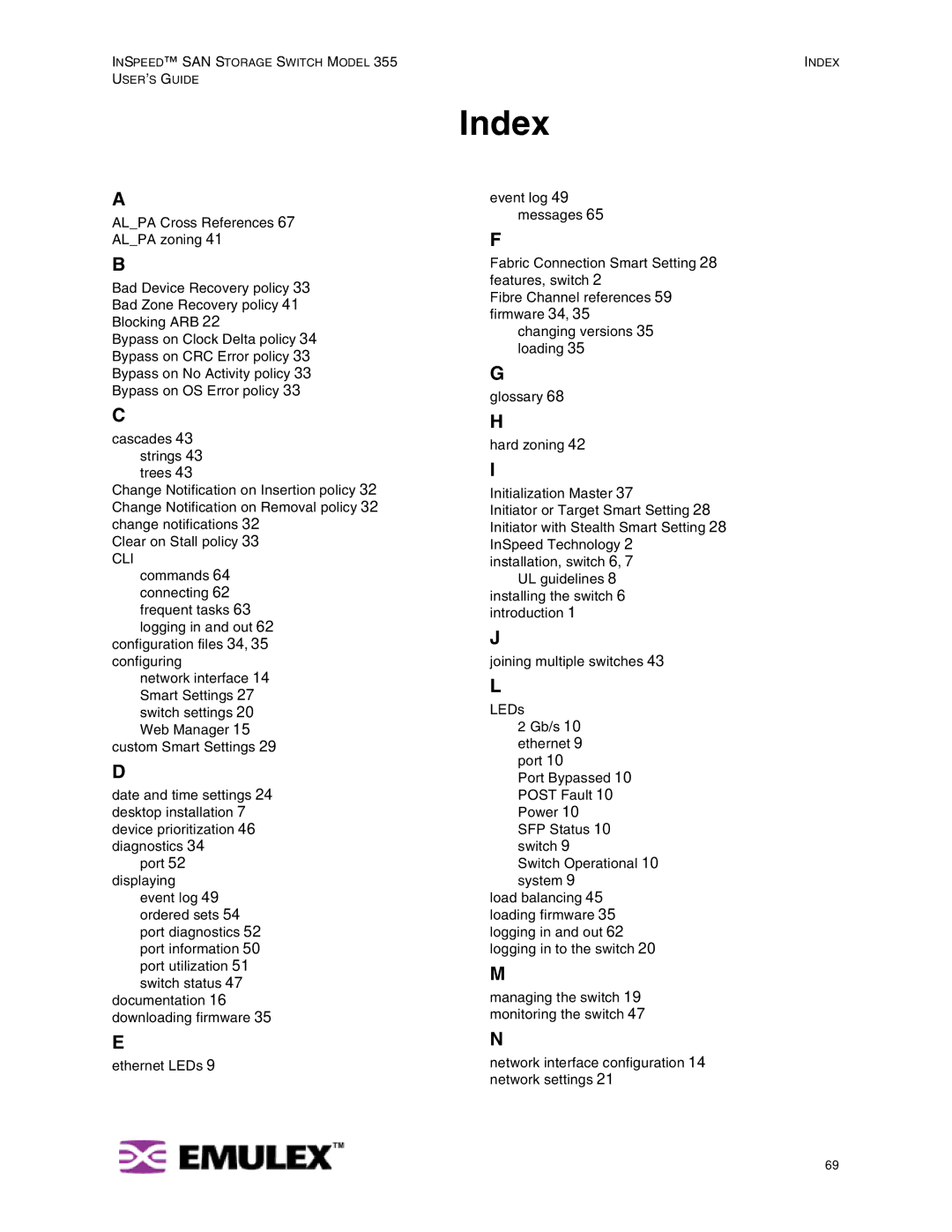 Emulex 355 manual Index 