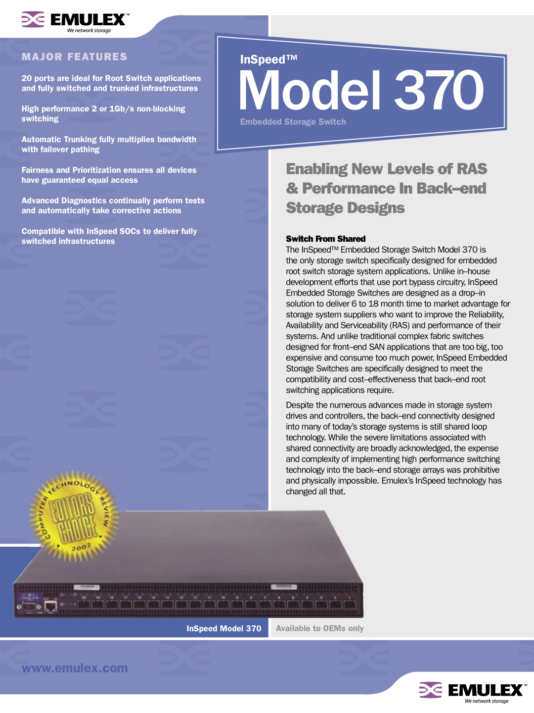 Emulex 370 manual Switch From Shared, Model, Enabling New Levels of RAS Performance In Back-end Storage Designs, InSpeed 