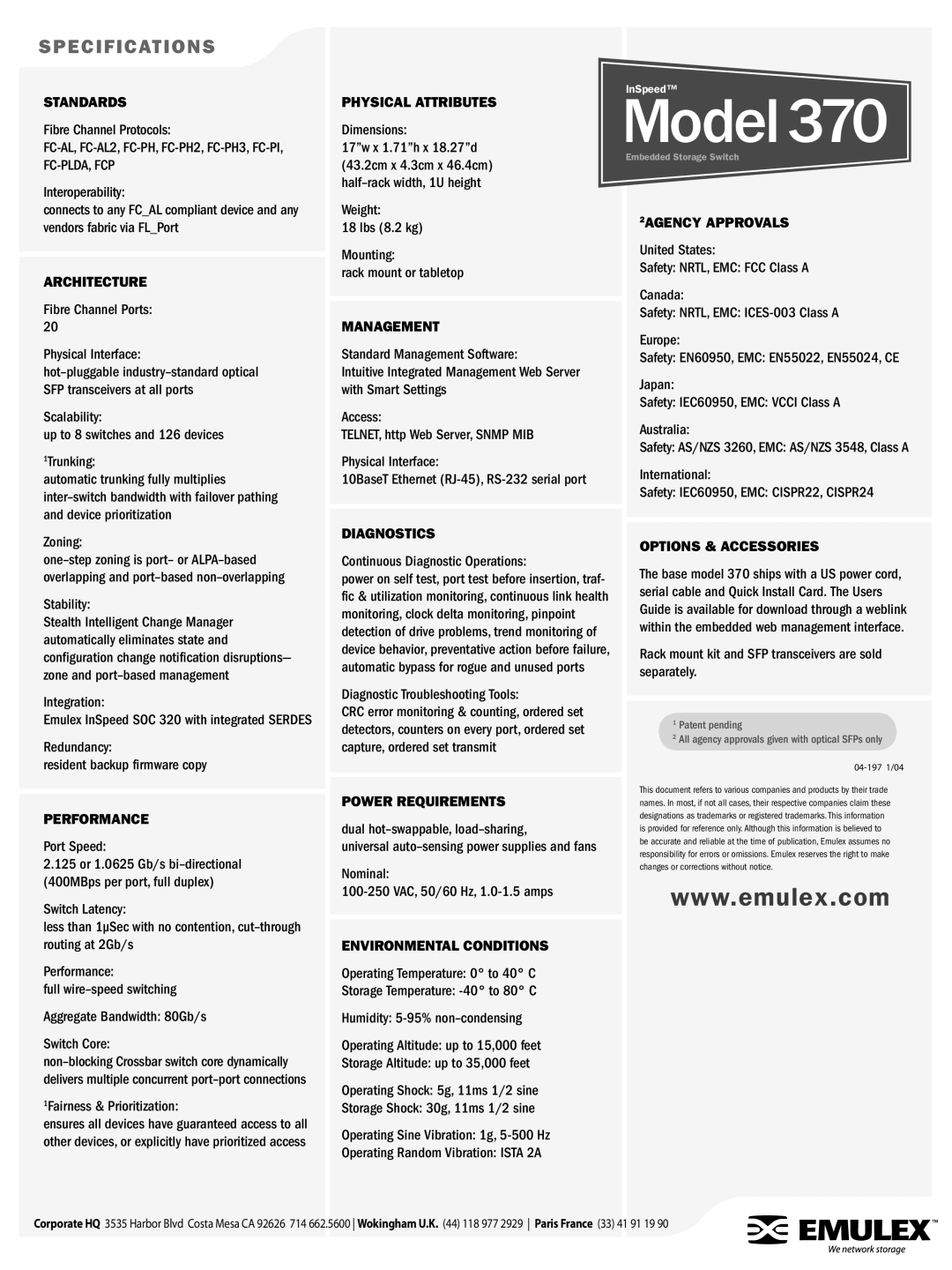 Emulex 370 manual Model 