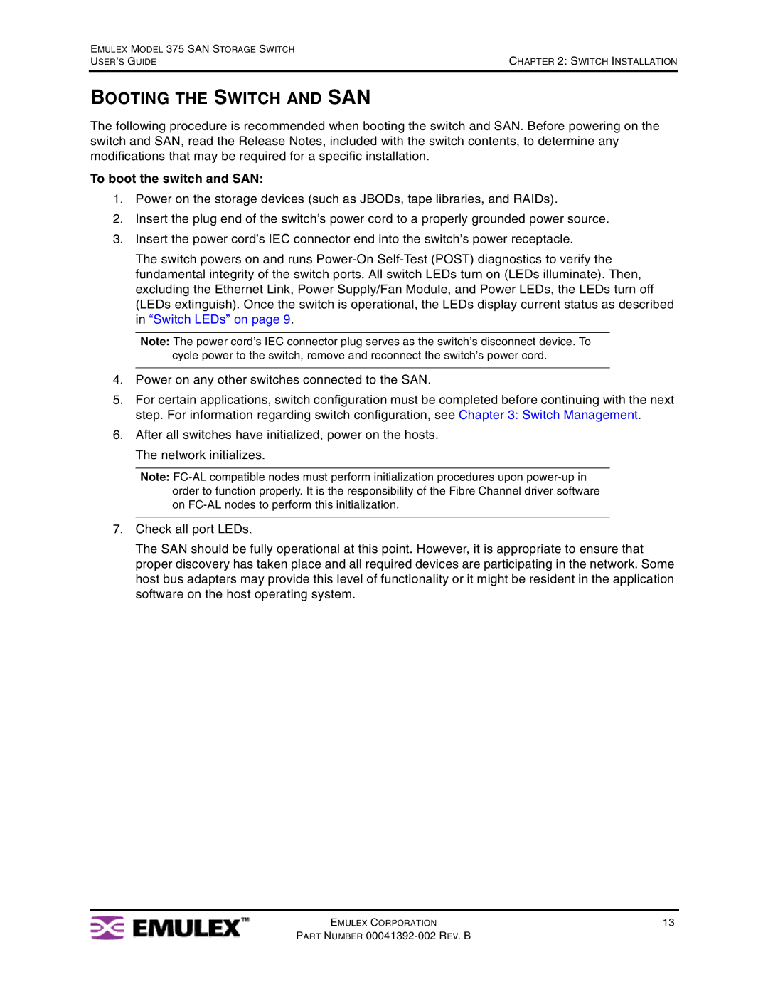 Emulex 375 manual Booting the Switch and SAN, To boot the switch and SAN 