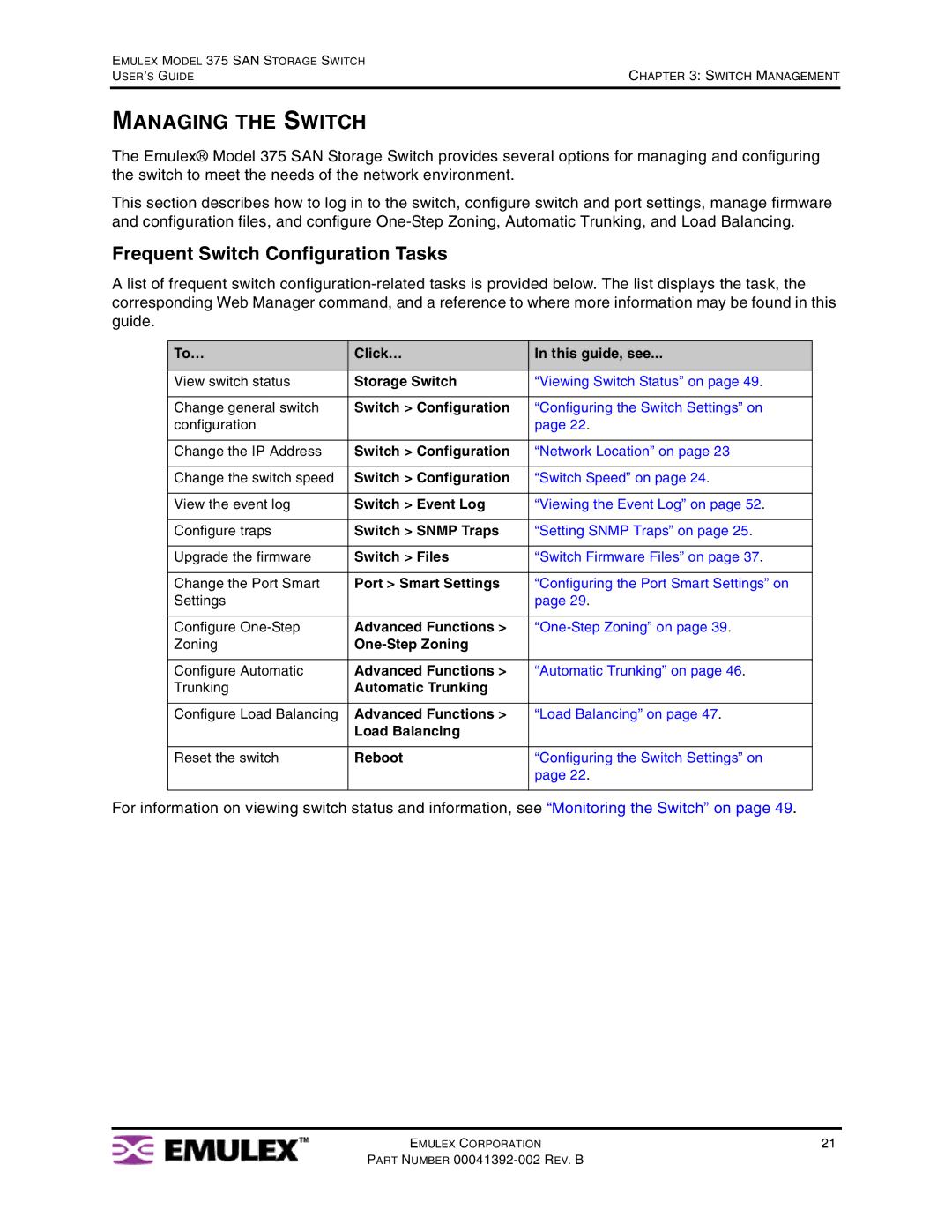 Emulex 375 manual Managing the Switch, Frequent Switch Configuration Tasks 