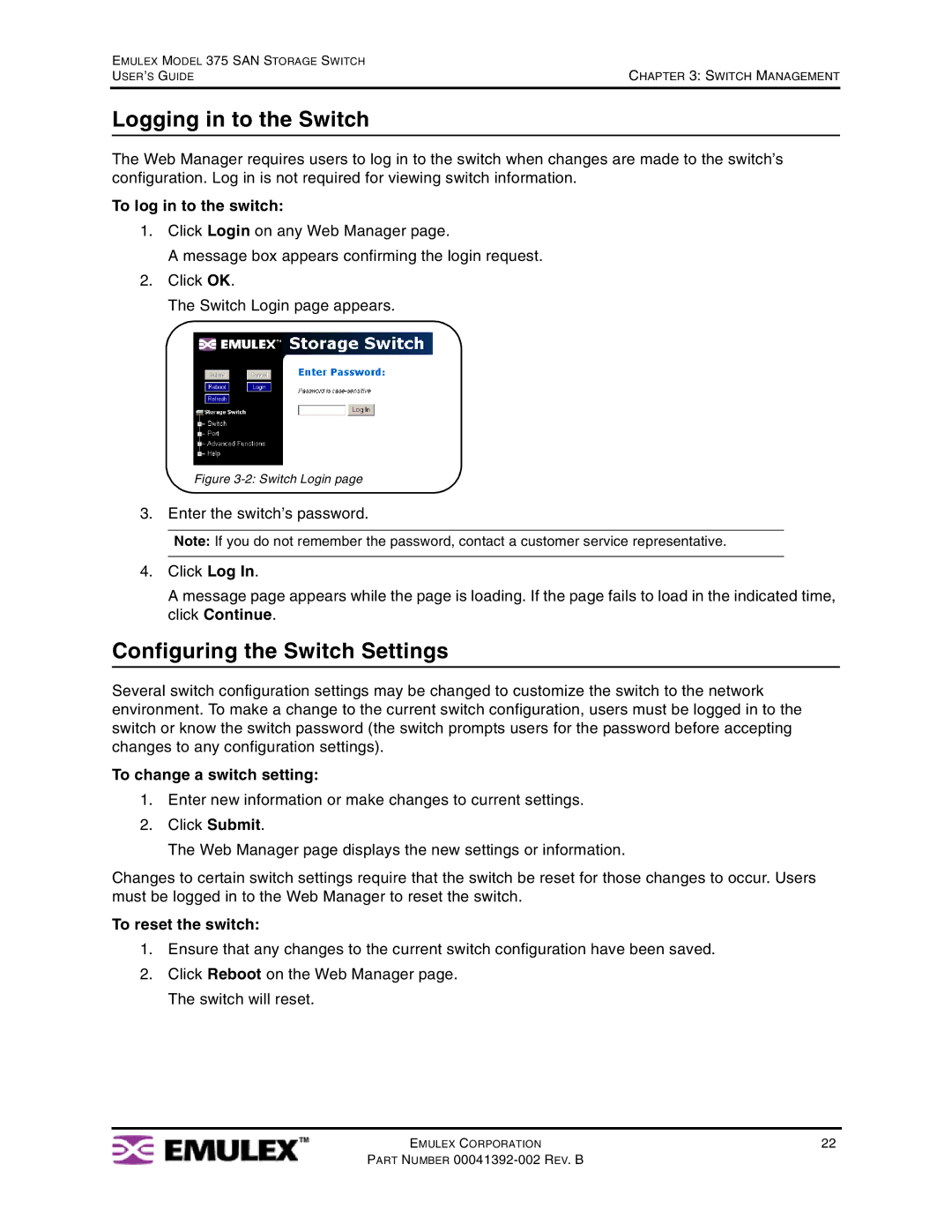 Emulex 375 Logging in to the Switch, Configuring the Switch Settings, To change a switch setting, To reset the switch 