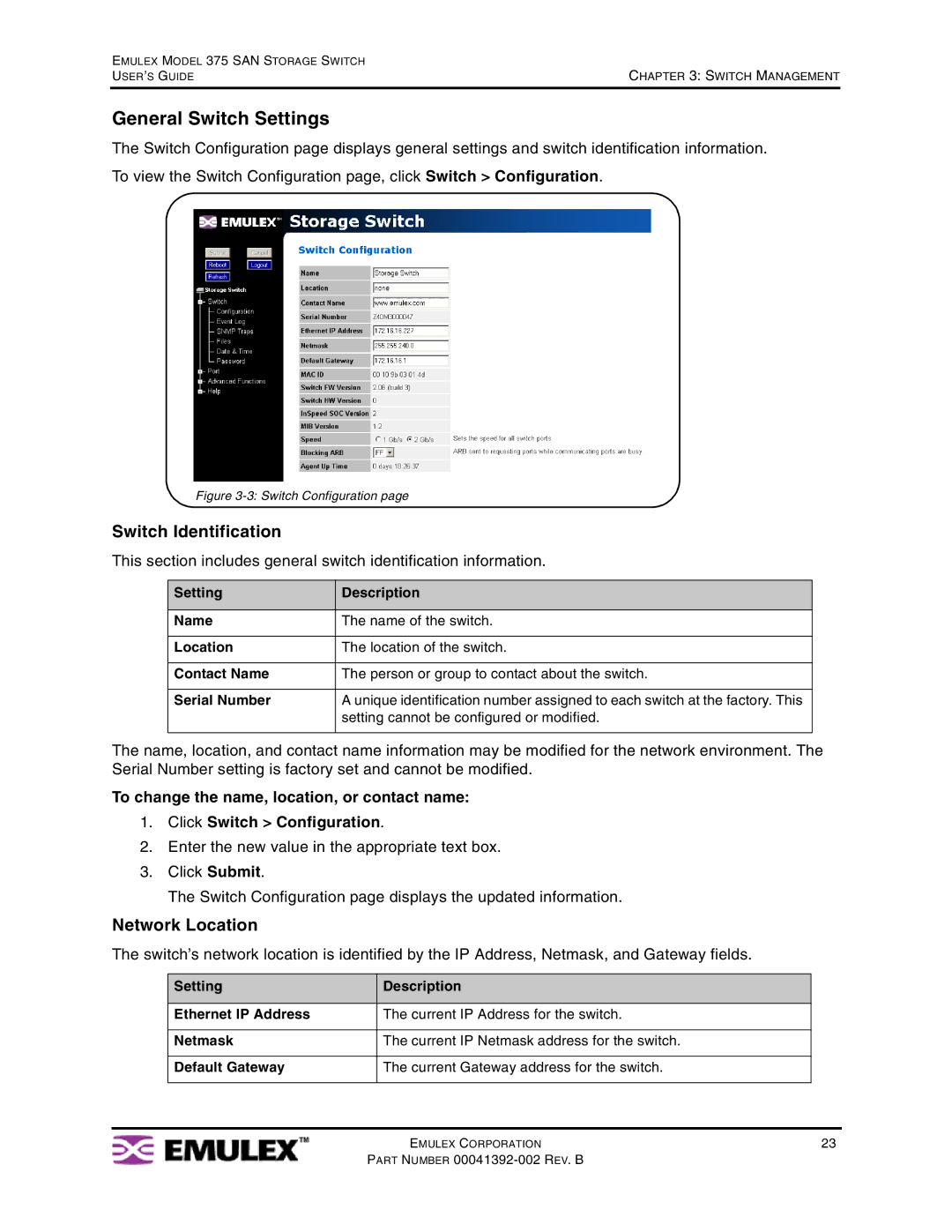 Emulex 375 manual General Switch Settings, Switch Identification, Network Location 