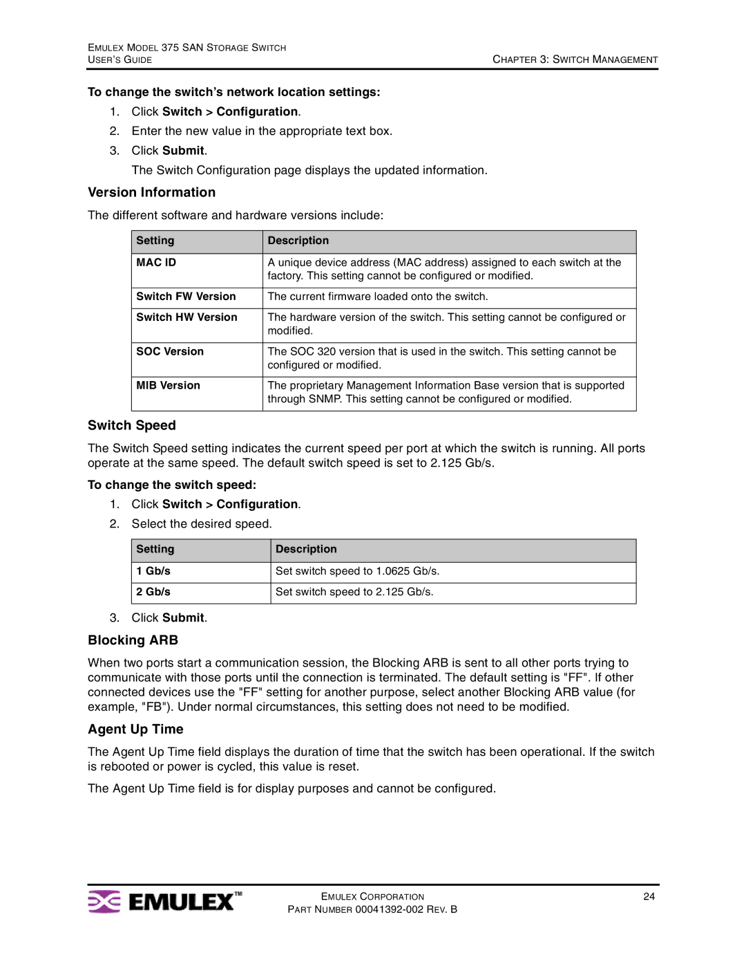 Emulex 375 manual Version Information, Switch Speed, Blocking ARB, Agent Up Time 