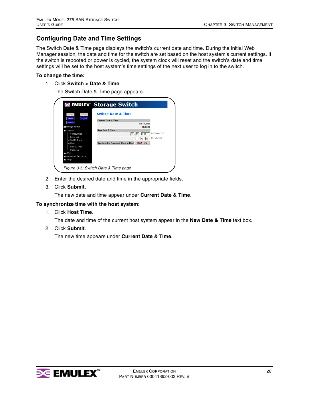 Emulex 375 manual Configuring Date and Time Settings, To change the time Click Switch Date & Time 