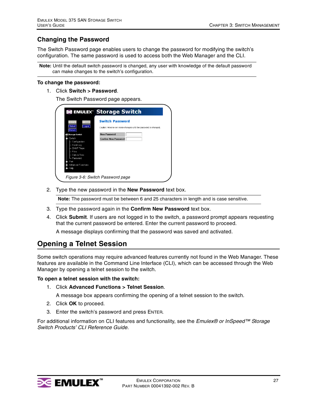 Emulex 375 manual Opening a Telnet Session, Changing the Password, Switch Password page appears 