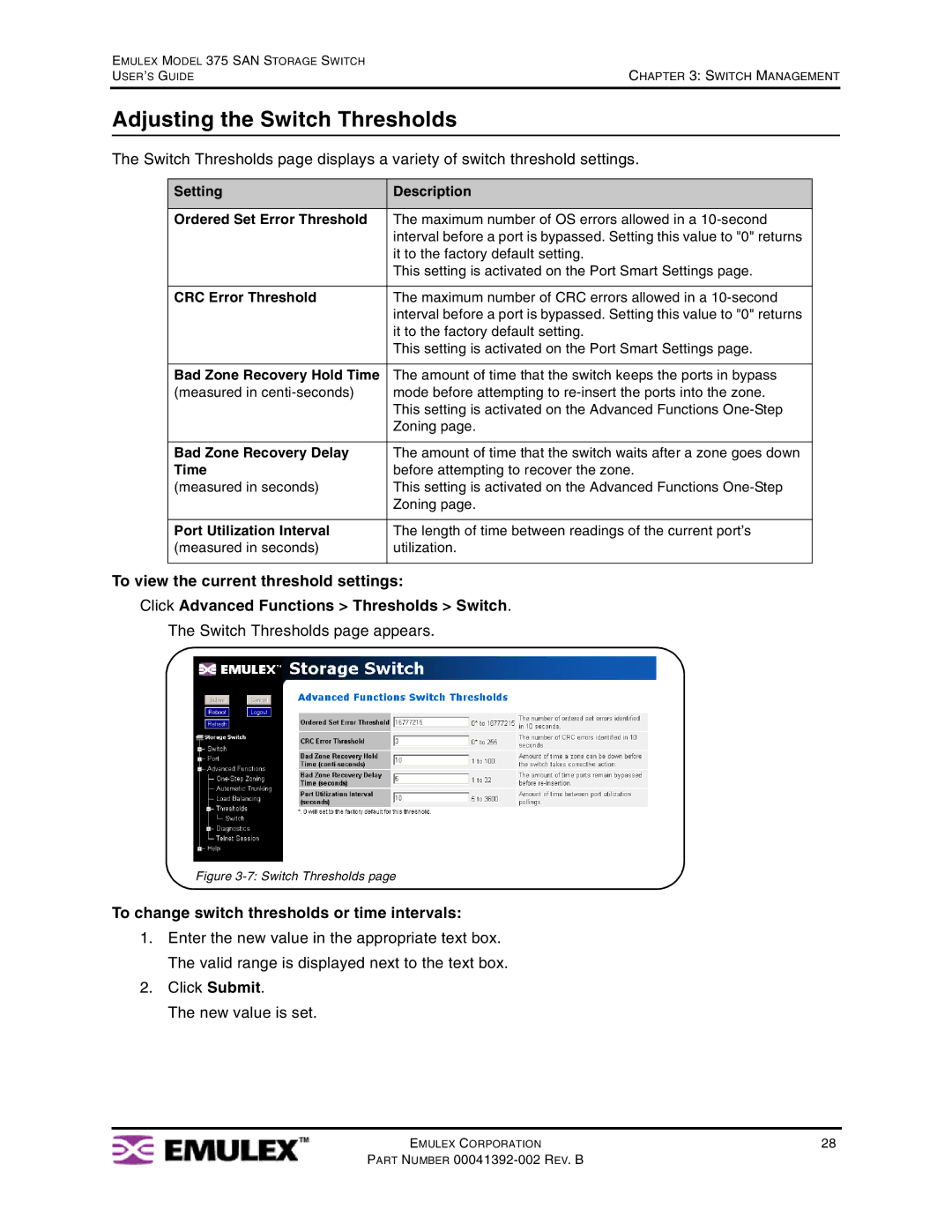 Emulex 375 Adjusting the Switch Thresholds, Switch Thresholds page appears, To change switch thresholds or time intervals 