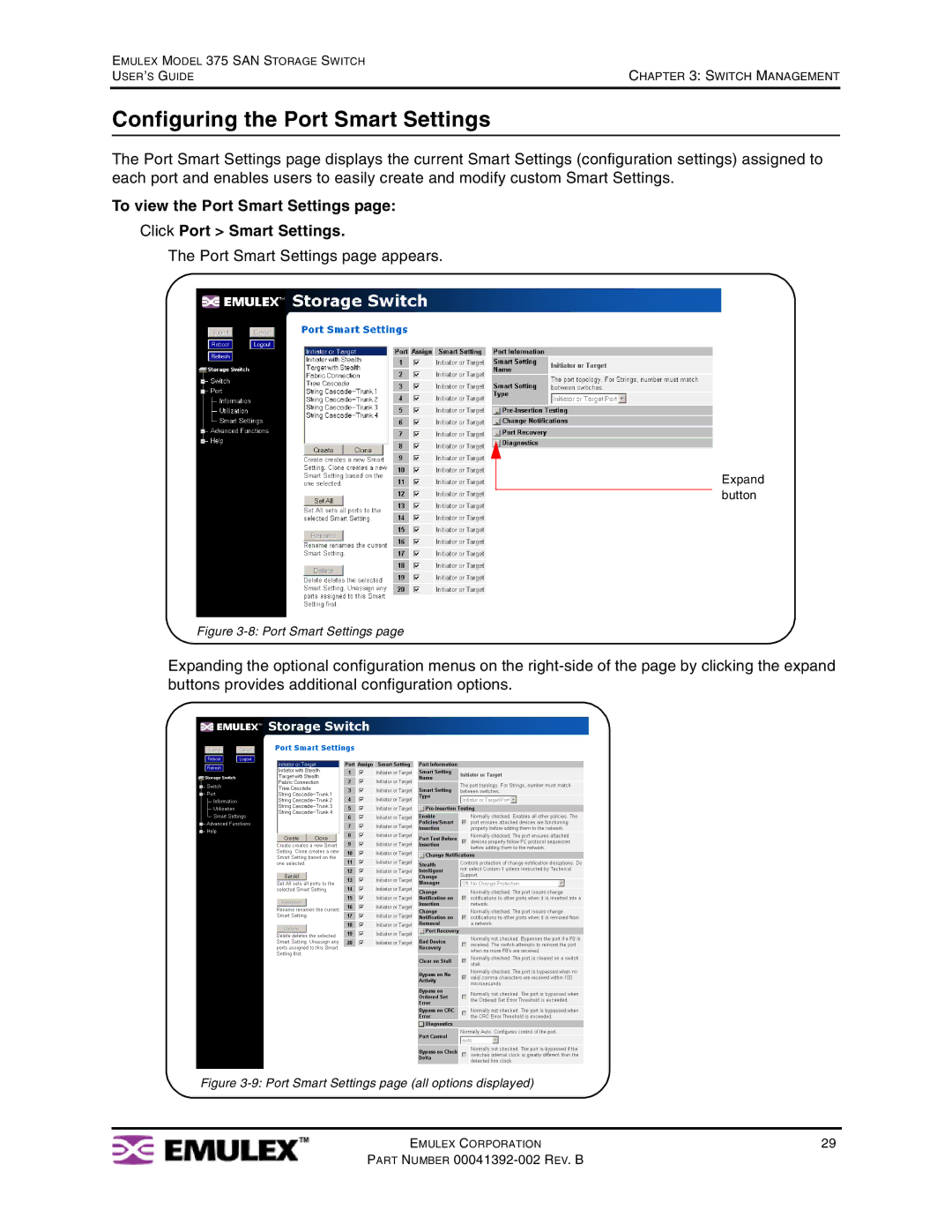 Emulex 375 manual Configuring the Port Smart Settings, To view the Port Smart Settings Click Port Smart Settings 