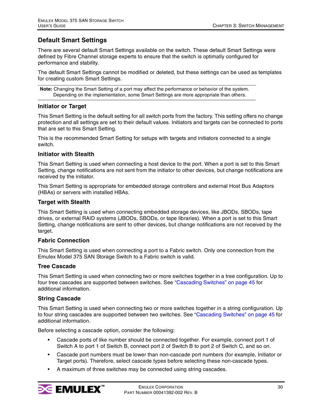 Emulex 375 manual Default Smart Settings 