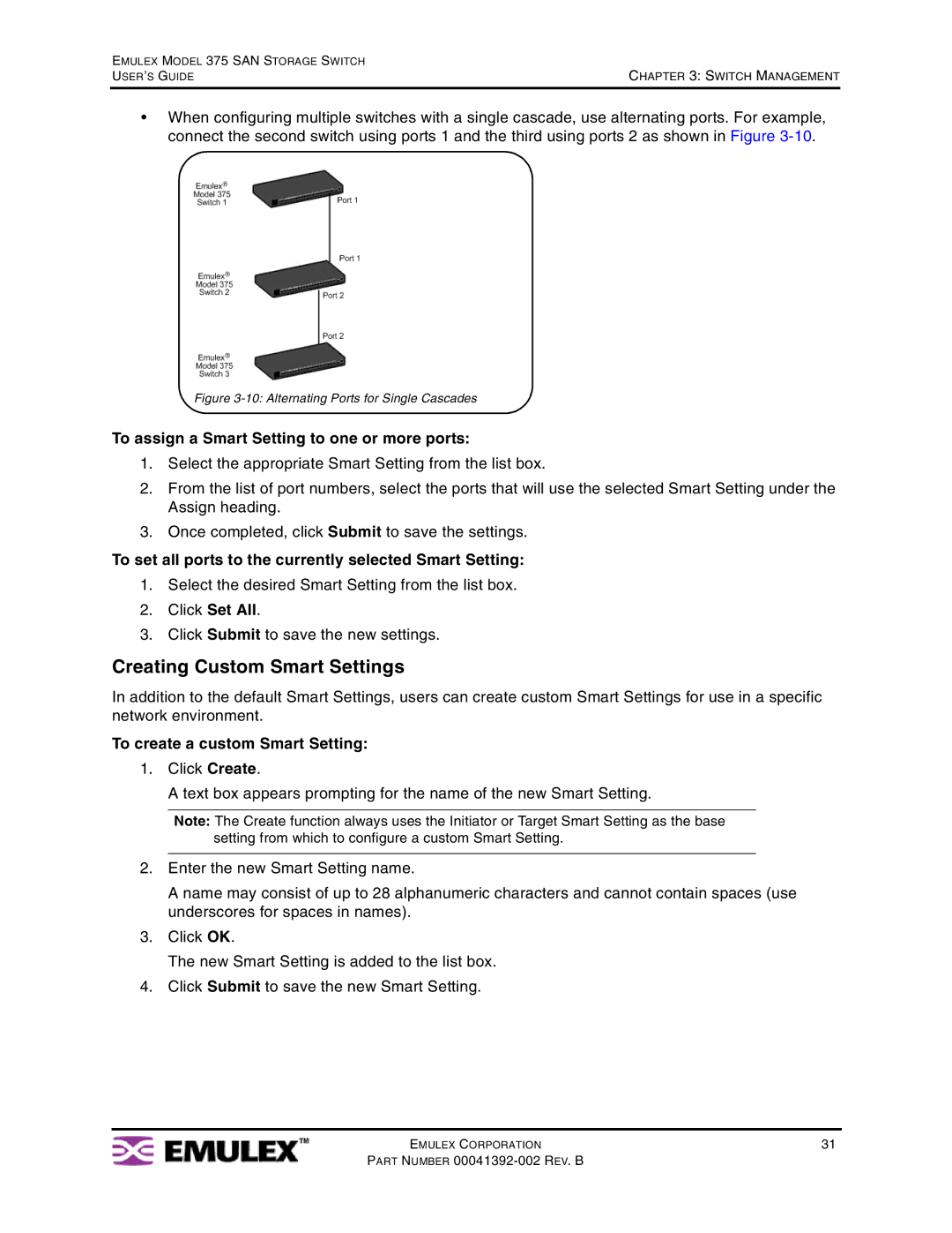 Emulex 375 manual Creating Custom Smart Settings, To assign a Smart Setting to one or more ports 