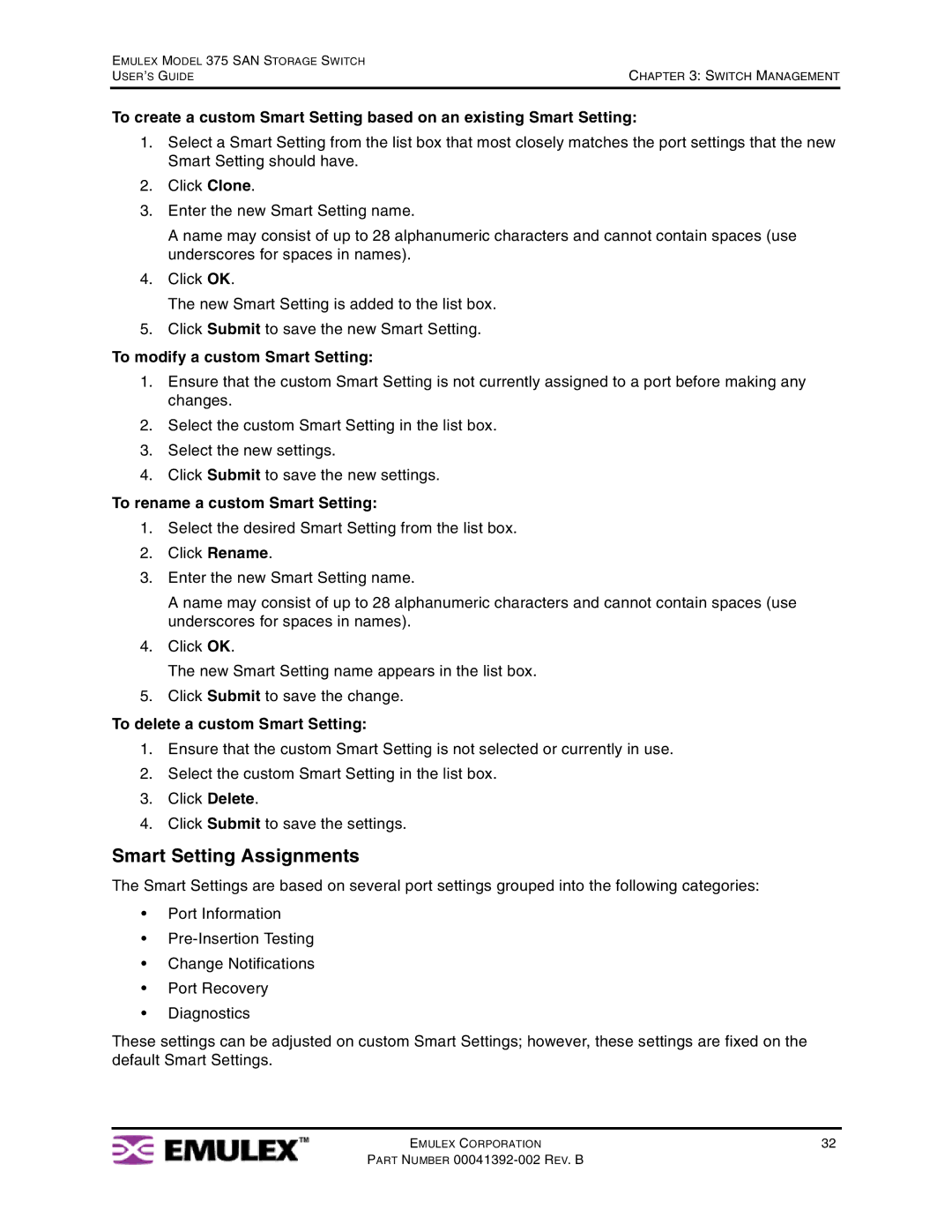 Emulex 375 manual Smart Setting Assignments, To modify a custom Smart Setting, To rename a custom Smart Setting 