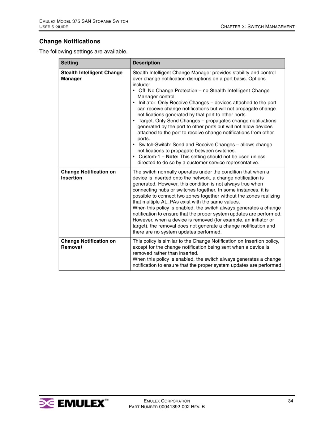 Emulex 375 Change Notifications, Setting Description Stealth Intelligent Change, Manager, Change Notification on, Remova l 