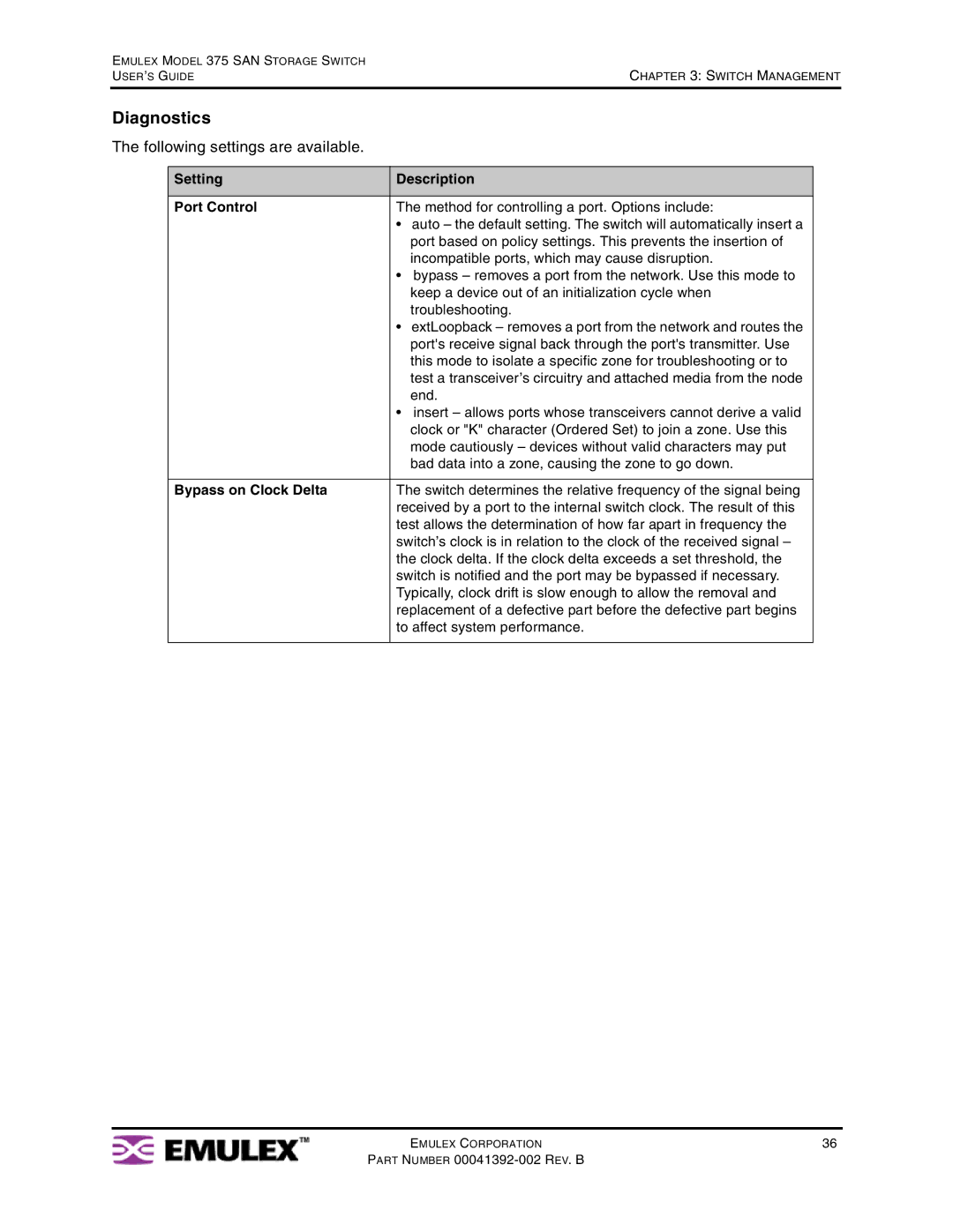 Emulex 375 manual Diagnostics, Setting Description Port Control, Bypass on Clock Delta 