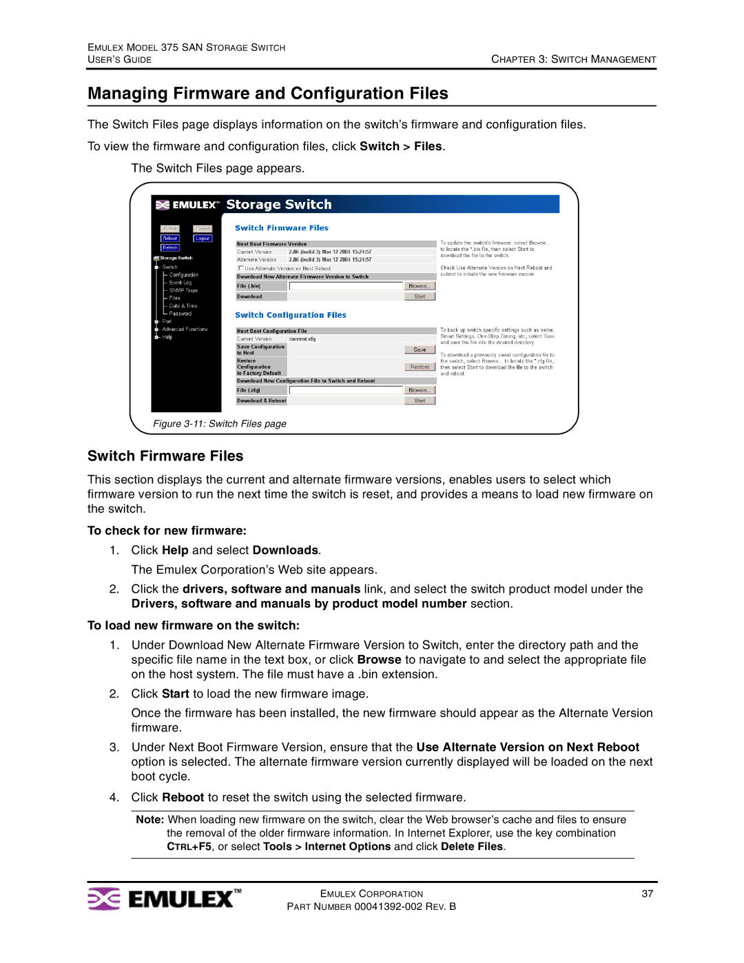 Emulex 375 manual Managing Firmware and Configuration Files, Switch Firmware Files, To check for new firmware 