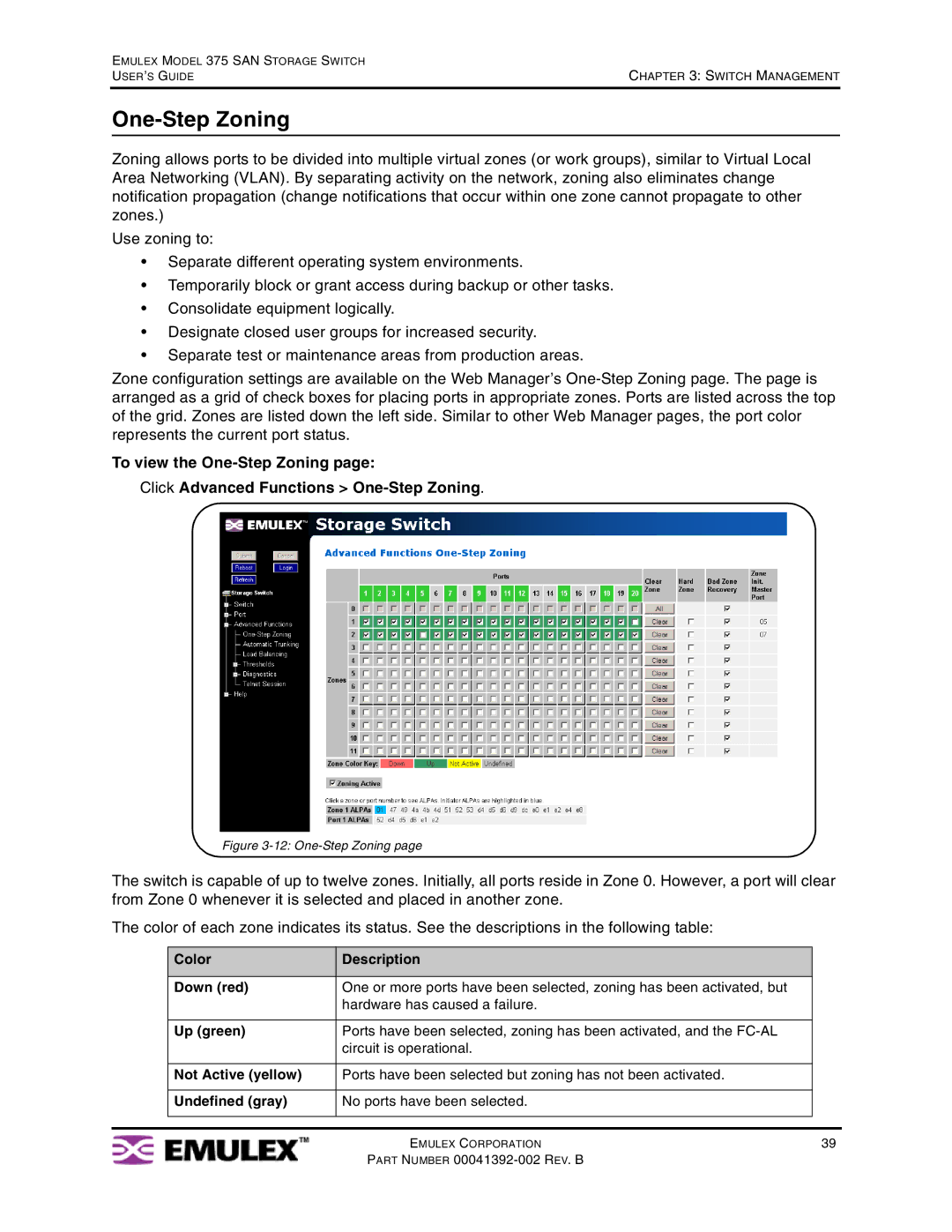 Emulex 375 manual One-Step Zoning, Color Description Down red, Up green, Not Active yellow, Undefined gray 