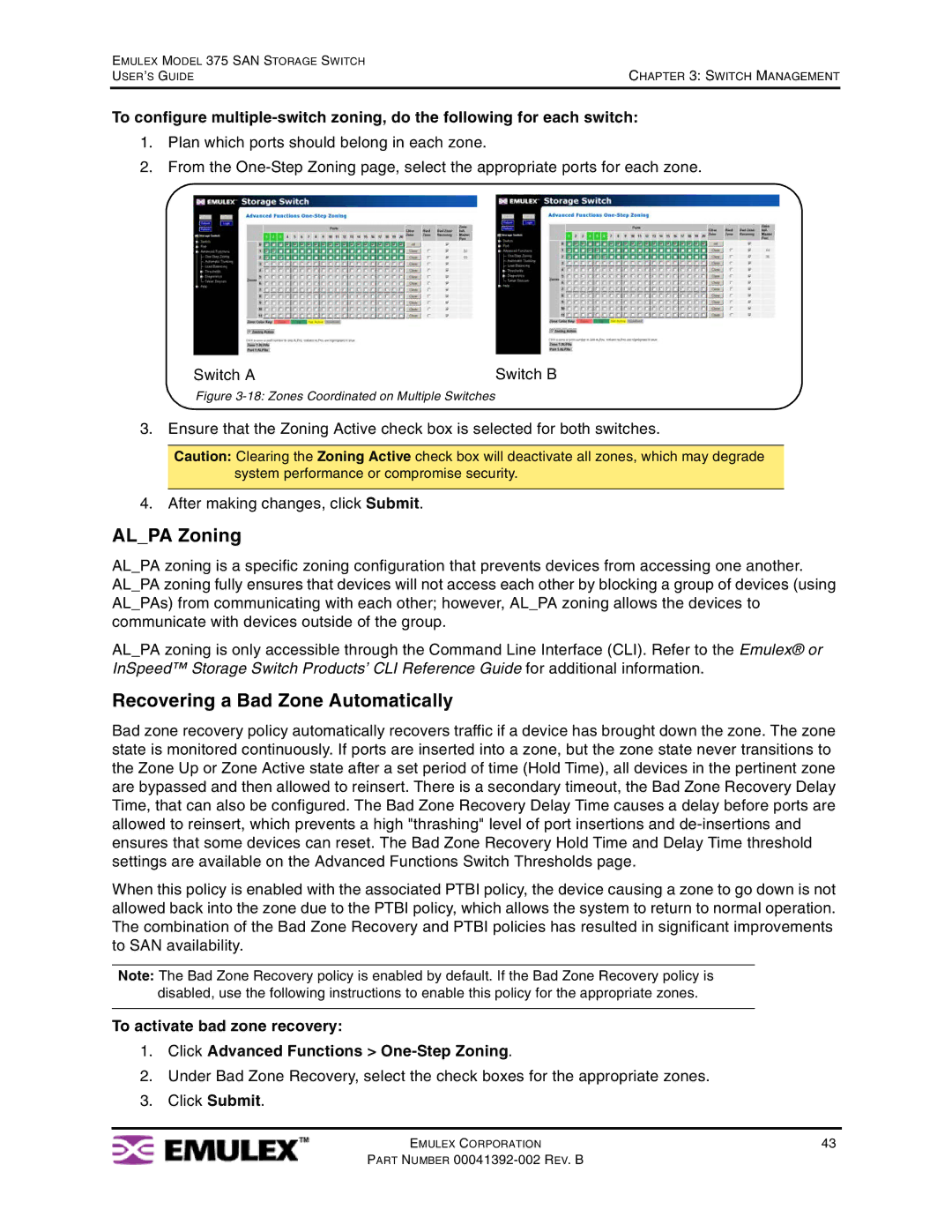 Emulex 375 manual Alpa Zoning, Recovering a Bad Zone Automatically 