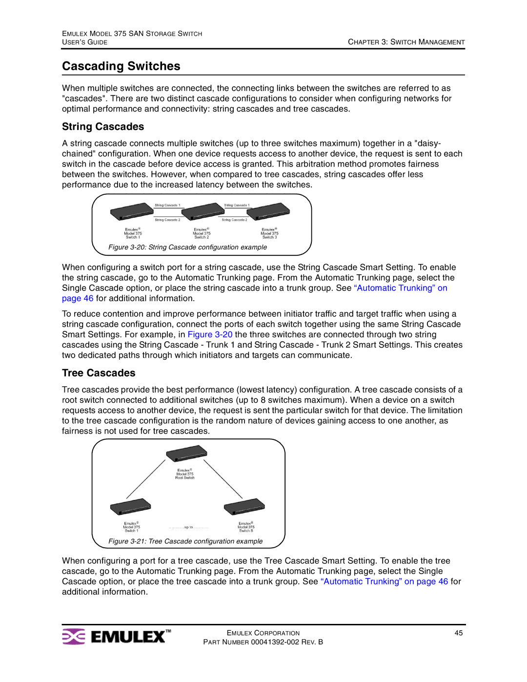 Emulex 375 manual Cascading Switches, String Cascades, Tree Cascades 