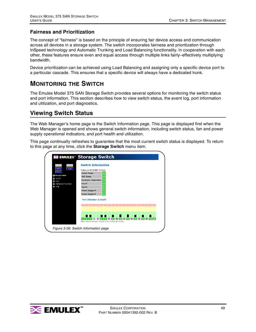 Emulex 375 manual Viewing Switch Status, Monitoring the Switch, Fairness and Prioritization 