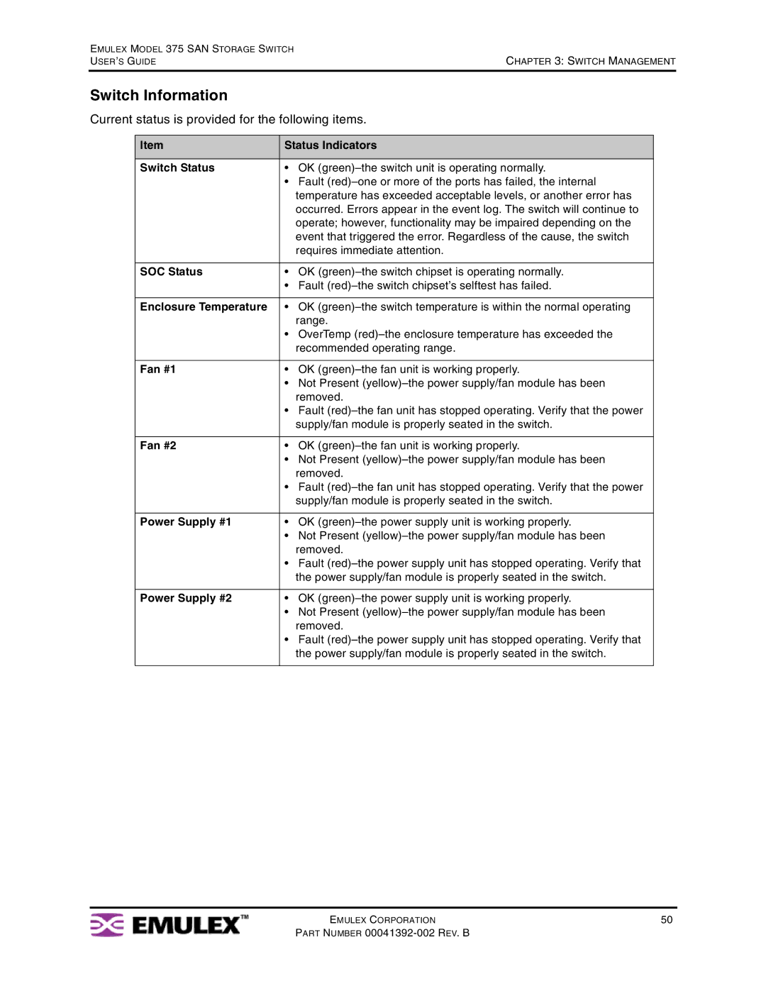 Emulex 375 manual Switch Information, Current status is provided for the following items 