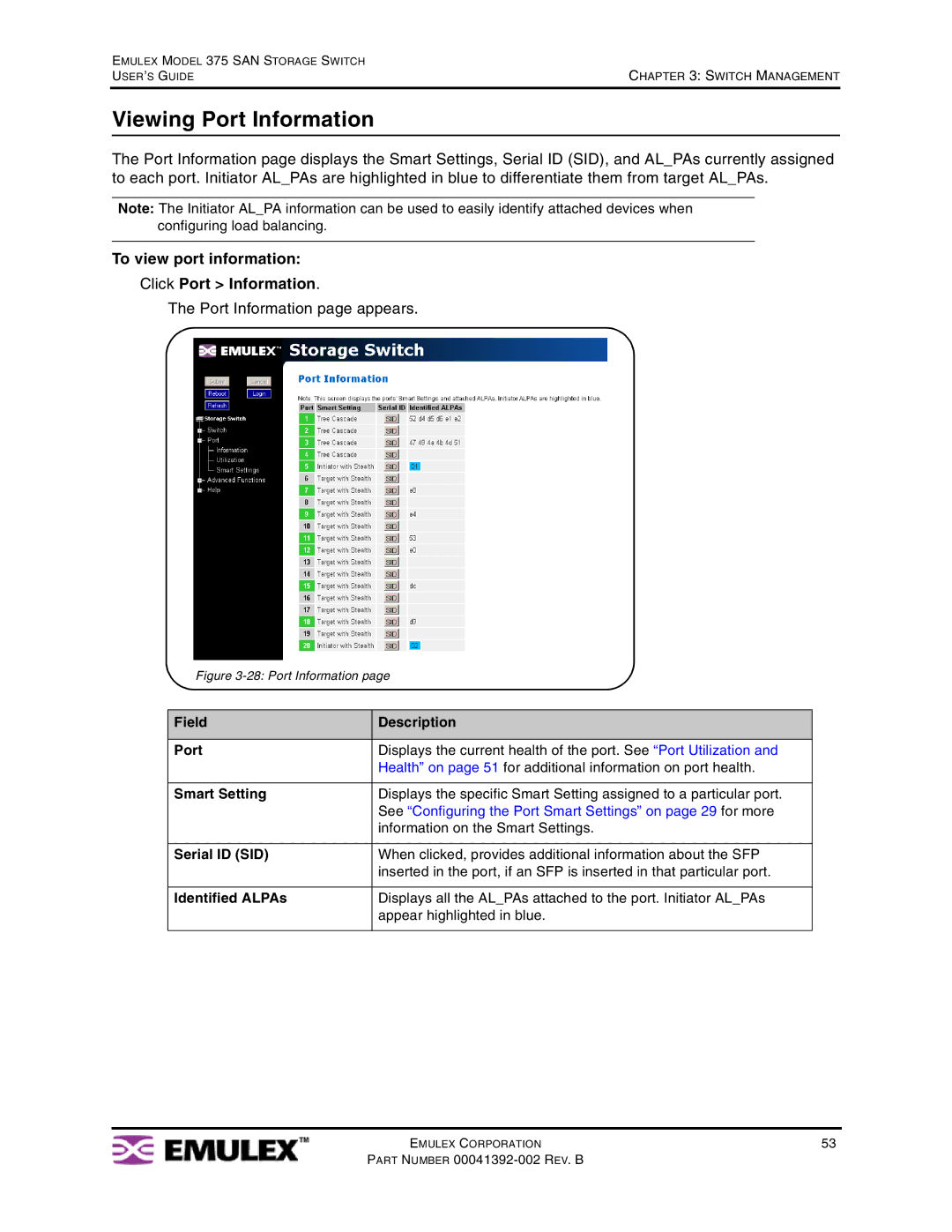 Emulex 375 manual Viewing Port Information, To view port information Click Port Information, Port Information page appears 