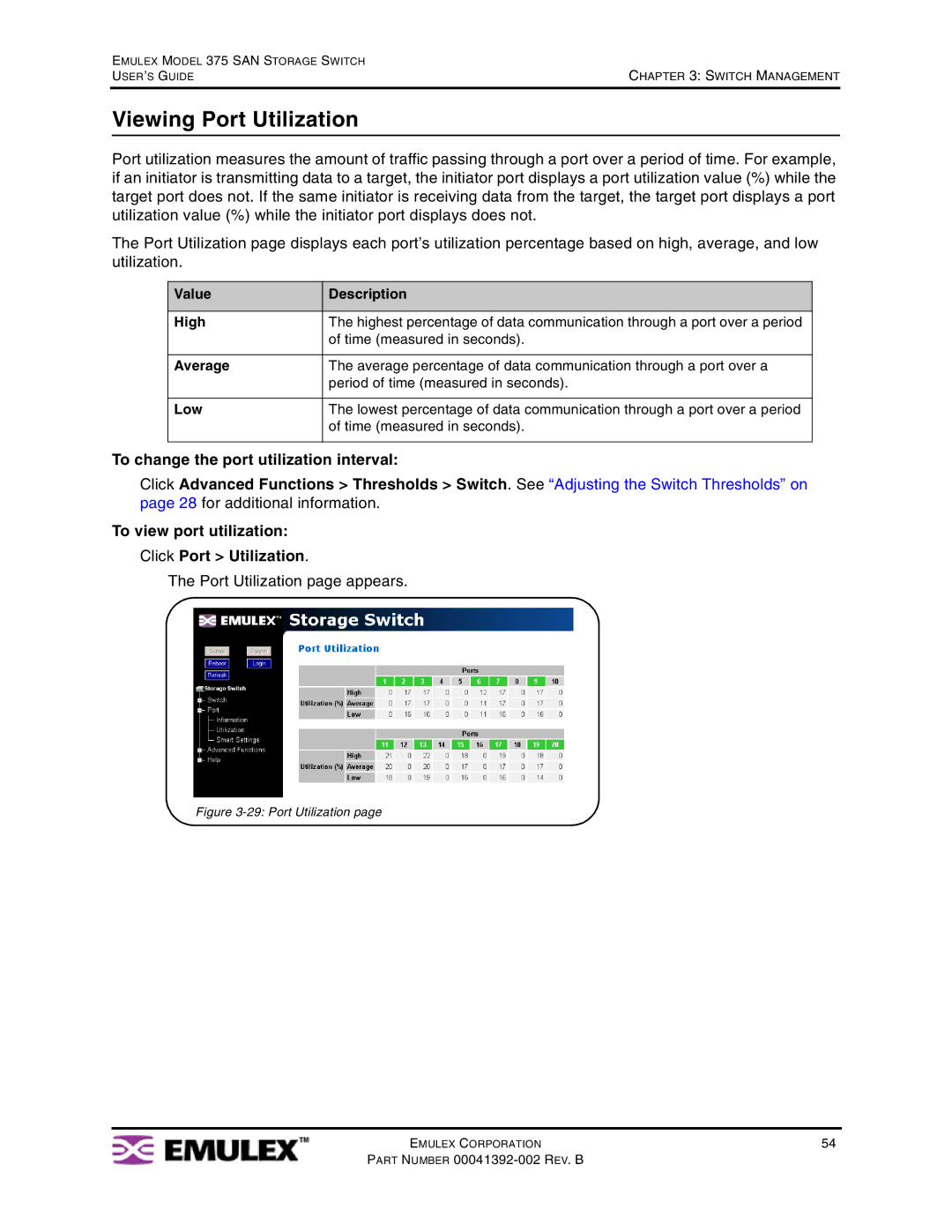 Emulex 375 manual Viewing Port Utilization, Port Utilization page appears, Value Description High, Average, Low 