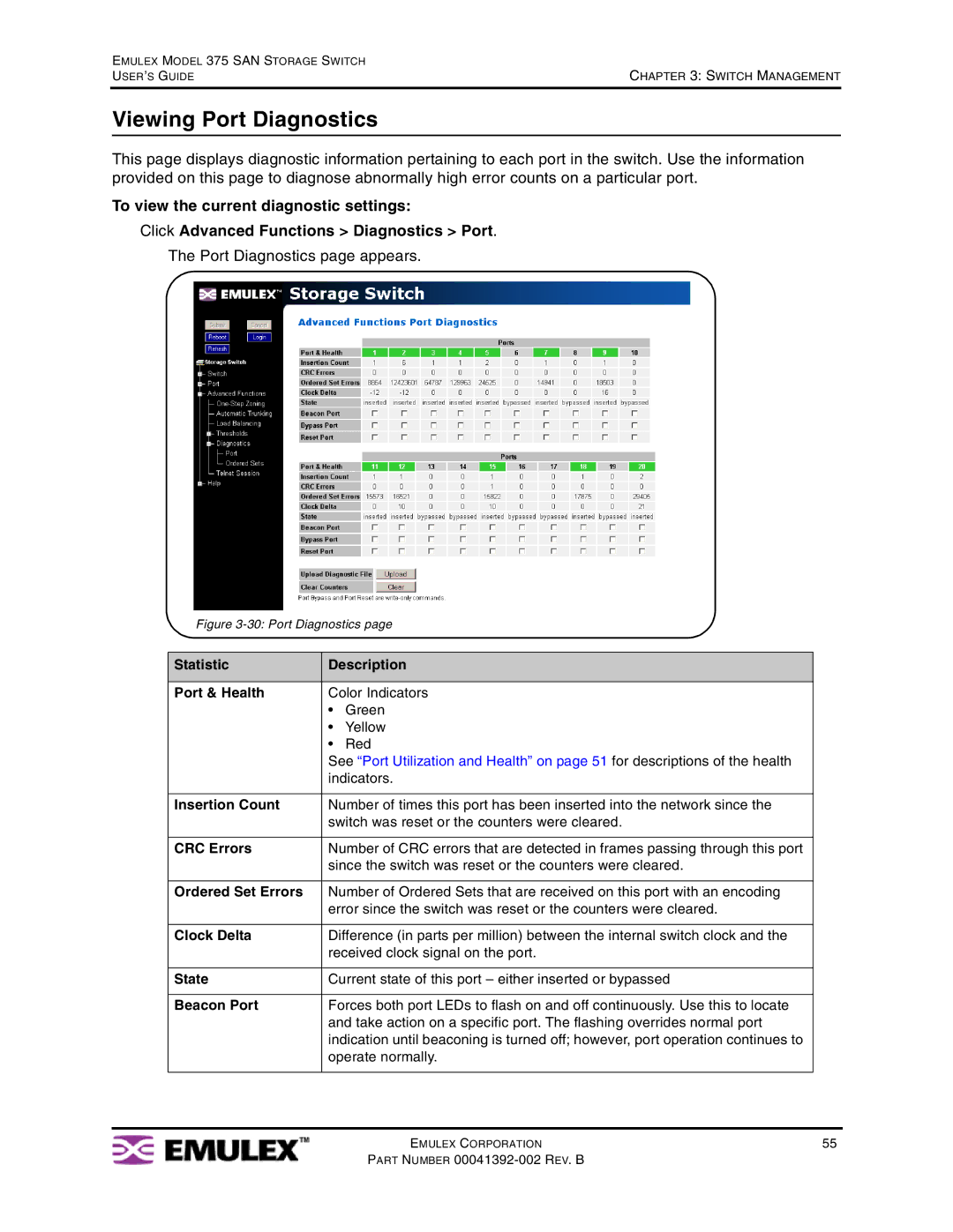 Emulex 375 manual Viewing Port Diagnostics, Port Diagnostics page appears 