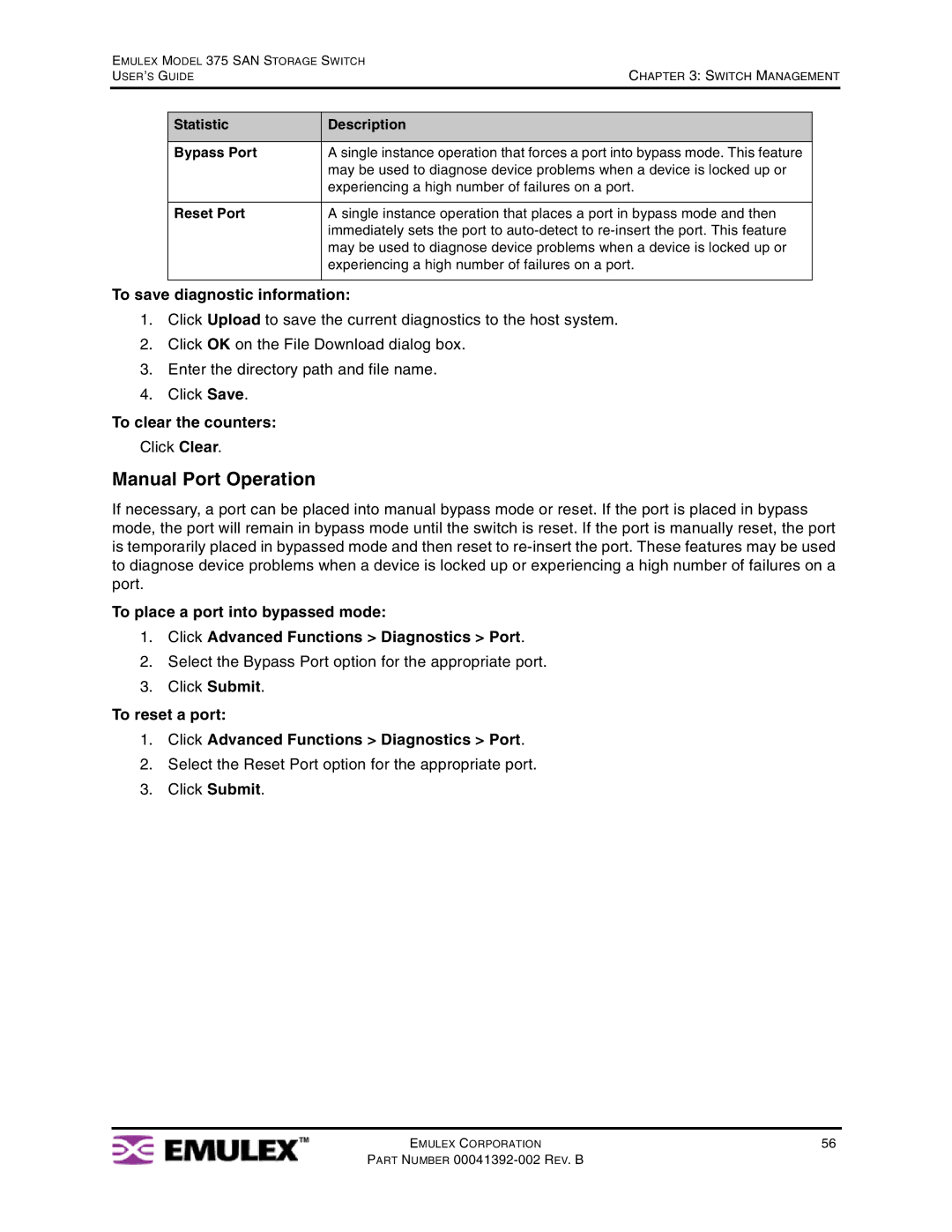 Emulex 375 manual Manual Port Operation, To save diagnostic information, To clear the counters, Click Clear 