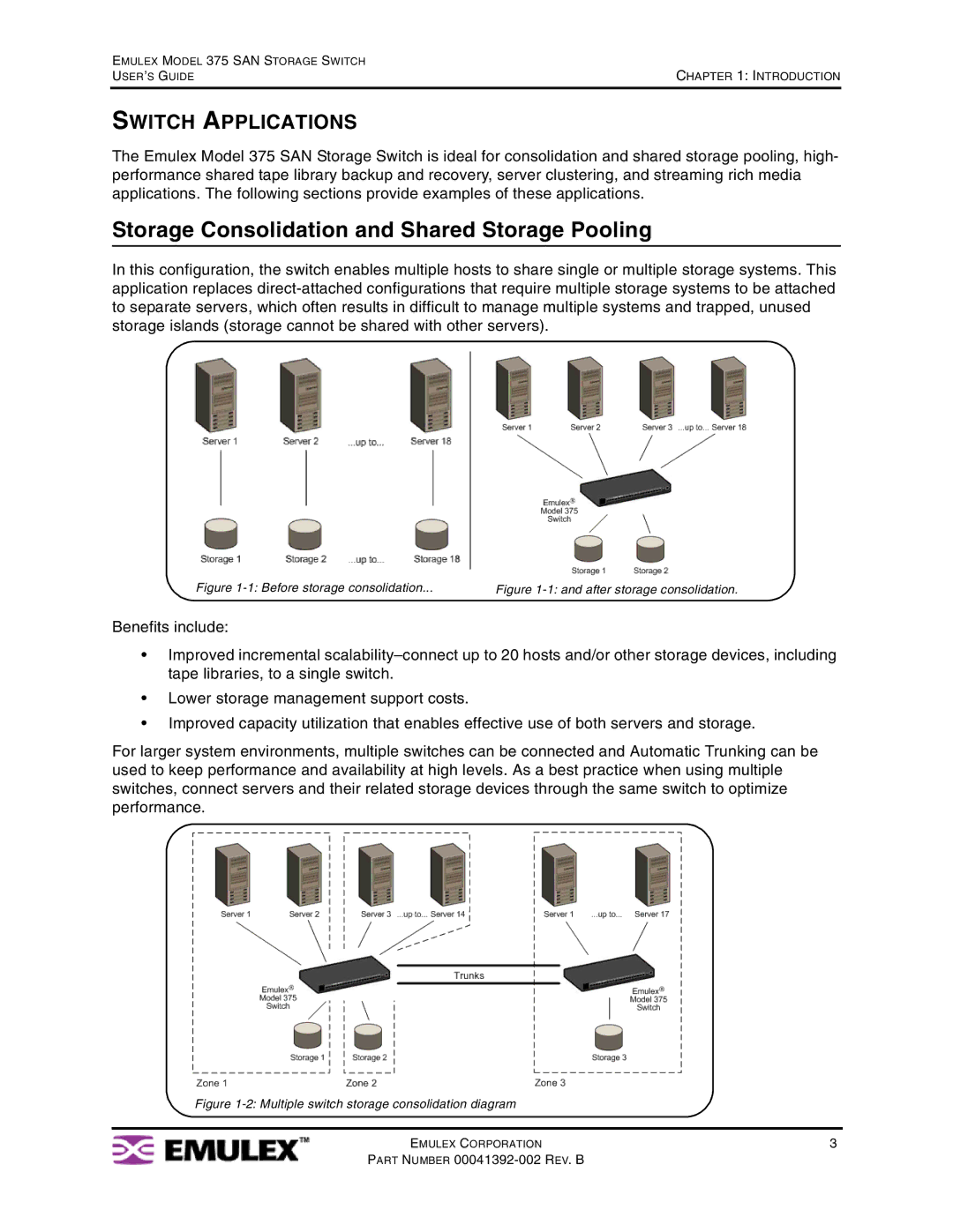 Emulex 375 manual Storage Consolidation and Shared Storage Pooling, Switch Applications 