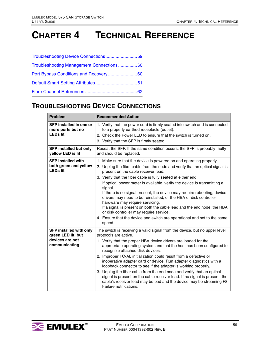 Emulex 375 manual Troubleshooting Device Connections 