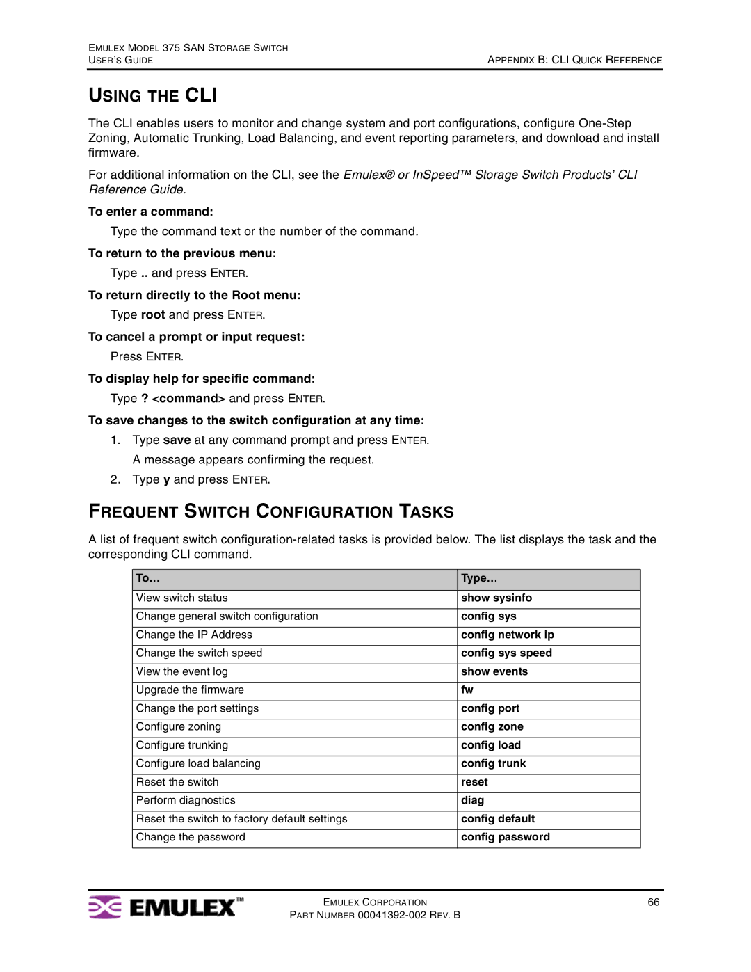 Emulex 375 manual Using the CLI, Frequent Switch Configuration Tasks 