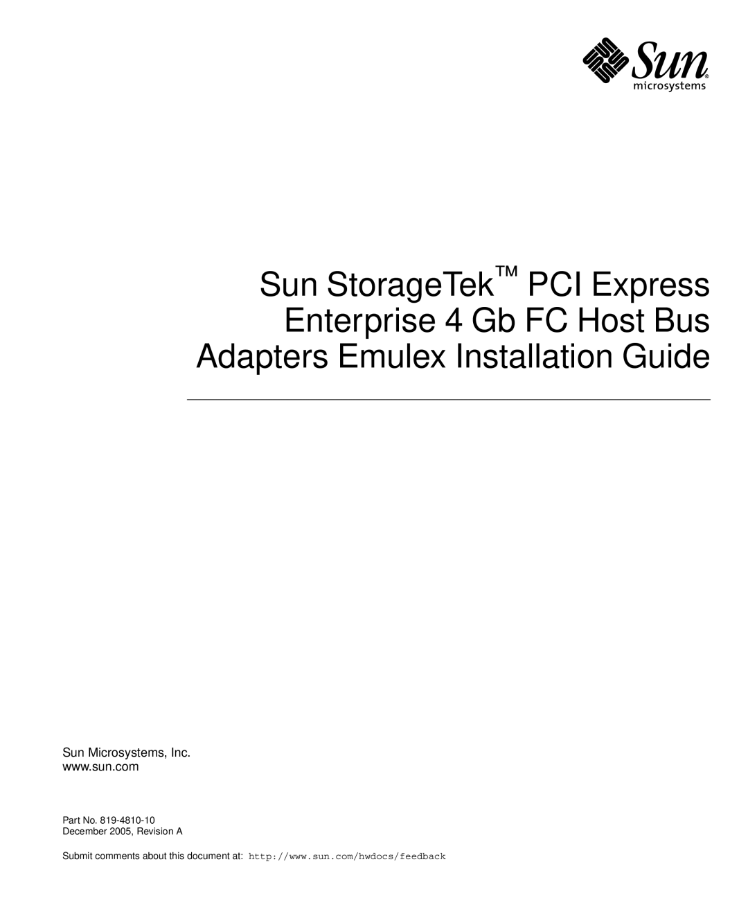 Emulex 4 Gb FC Host Bus manual Sun Microsystems, Inc 