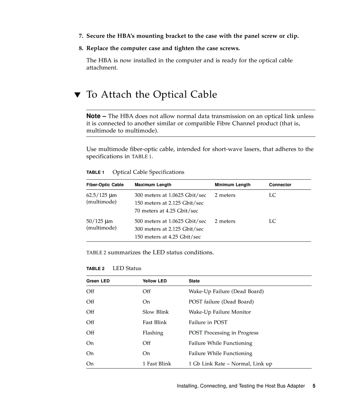 Emulex 4 Gb FC Host Bus manual To Attach the Optical Cable, Optical Cable Specifications 