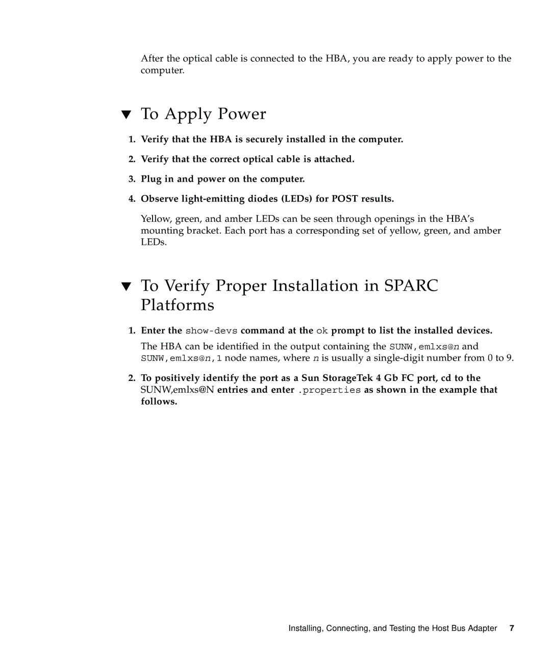 Emulex 4 Gb FC Host Bus manual To Apply Power, To Verify Proper Installation in Sparc Platforms 