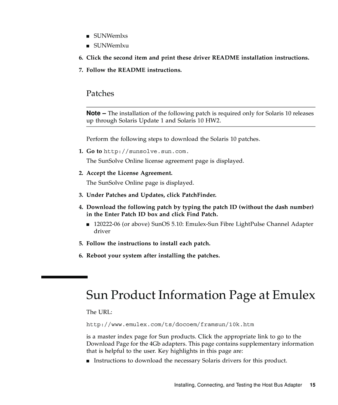 Emulex 4 Gb FC Host Bus manual Sun Product Information Page at Emulex, Patches 