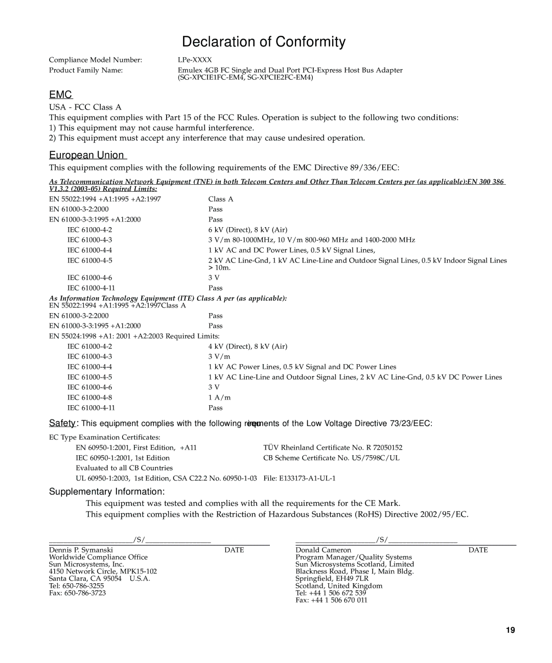 Emulex 4 Gb FC Host Bus manual Declaration of Conformity 